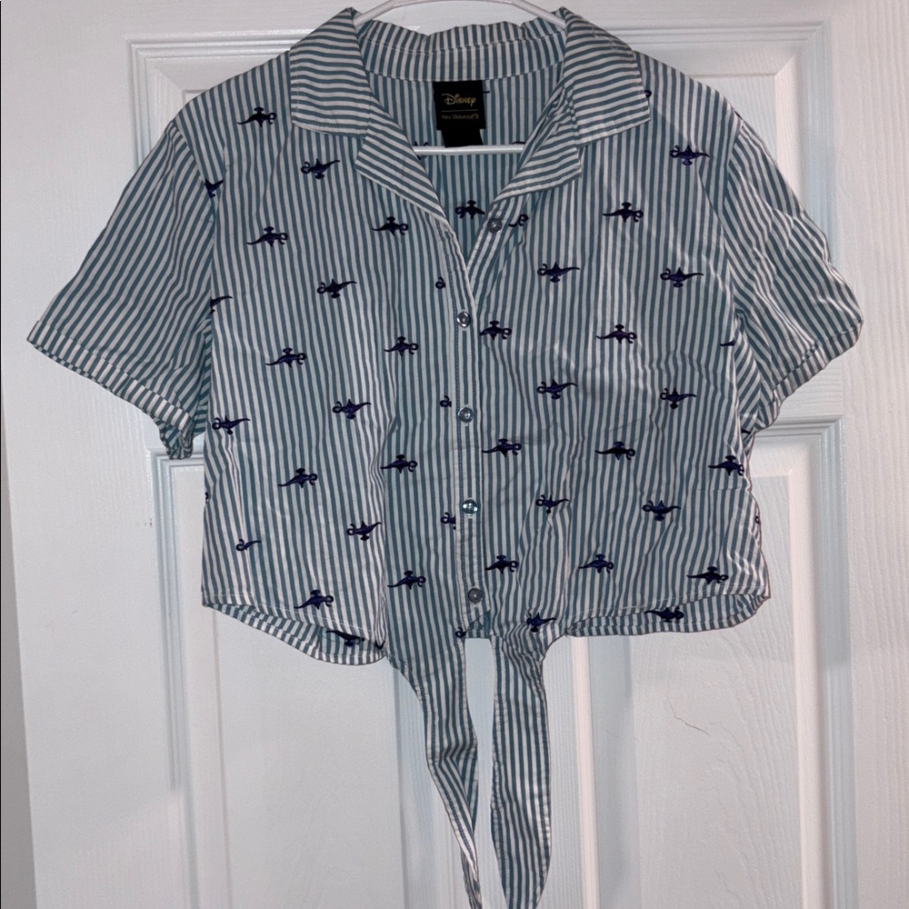 Disney Blue and White Striped Tie-Front Blouse